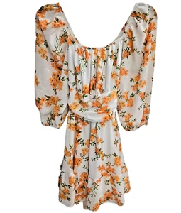 Exlura Floral Tie-Back Mini Dress Womens Small Lantern Sleeve Square Neck NWT - Picture 1 of 9