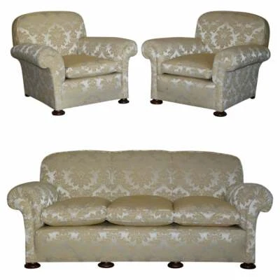 ANTIQUE VICTORIAN SOFA & ARMCHAIR CLUB SUITE DAMASK UPHOLSTERY TURNED BUN FEET - Image 1 of 4