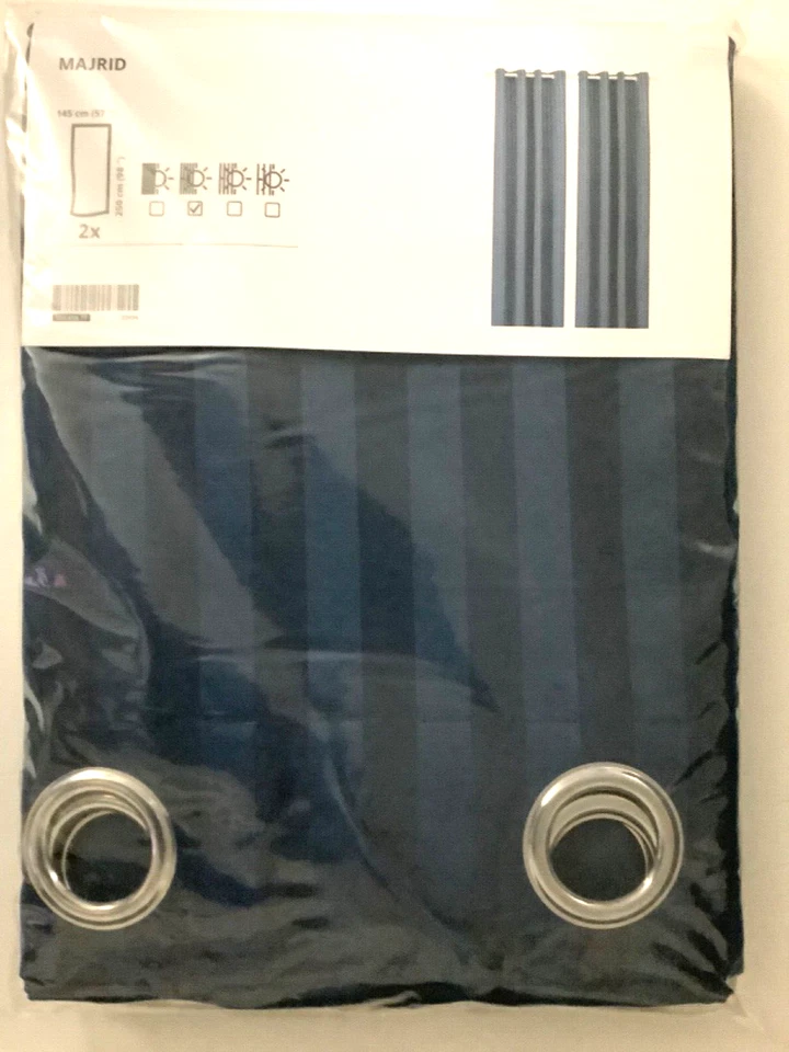 Ikea MAJRID Room Darkening Curtains 1 pair 57x98" Blue Striped 504.698.77