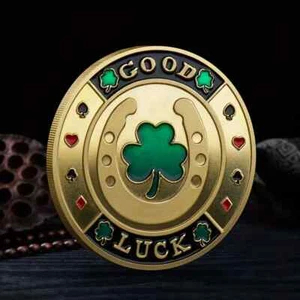 LUCKY COIN WITH SHAMROCK FOUR LEAF CLOVER AND HORSE SHOE,POKER CARD GUARD,PROTEC - Picture 1 of 2