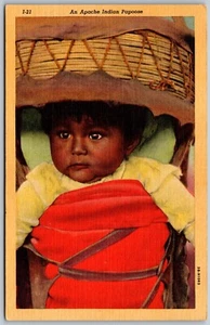Postal de lino de colección nativo americano apache indio bebé papoose años 40 - Imagen 1 de 2