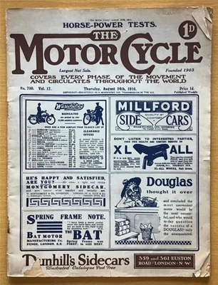 The MOTOR CYCLE Magazine 24 Aug 1916 Dynamo Lighting 2? HP DOUGLAS - Image 1 of 4