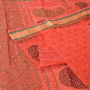 Sanskriti Vintage Coral Sarees Art Silk Hand Beaded Block Kota Doria Sari Fabric - Picture 1 of 11