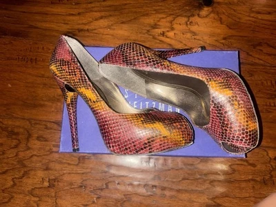Stuart Weitzman Snake Fall Pink Orange Peep Toe Heels Sz 8 - Image 1 of 4