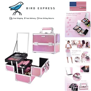 Beauty Pink Makeup Train Case Organizer Travel Cosmetic Box with Mirror Locking - Picture 1 of 11