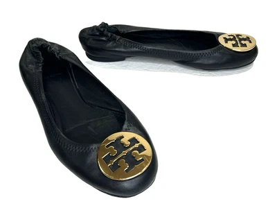 Zapatos planos de ballet de cuero Tory Burch talla 9 M negro dorado logotipo medallón *LEER Foto 1 de 4