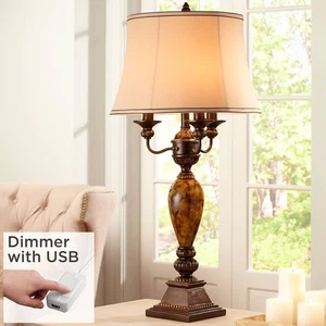 Table Lamp with White USB Port 37" Tall Bronze Marbleized White Shade Bedroom - Picture 1 of 10