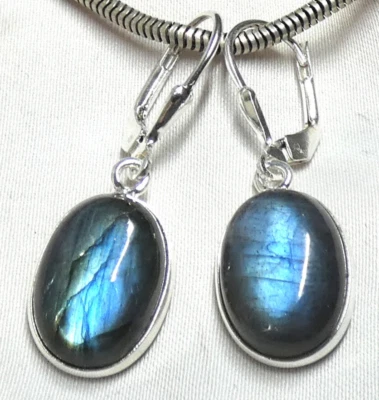 Ohrhänger 925 Silber Klappbrisur ovale Labradorit Cabochons mit Blauschimmer NEU - Bild 1 von 4