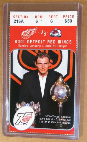 Red Wings Sergei Fedorov w Awards ticket stub Jan 7, 2001 Hockeytown 75th Anniv Cover