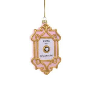 PRESSE FÜR CHAMPAGNER ORNAMENT 4,5" Glas lustiges Schild rosa Knopf Weihnachtsbaum - Bild 1 von 2