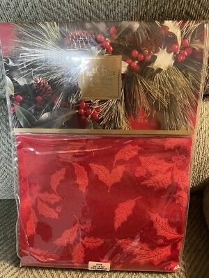 Lenox For The Holidays Tablecloth Red Holly Leaves Damask 52 x 70 Rectangle  New - Image 1 of 4