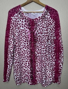 Quacker Factory Sweater XL Pink Animal Print Cardigan Button Front Sequin - Picture 1 of 5