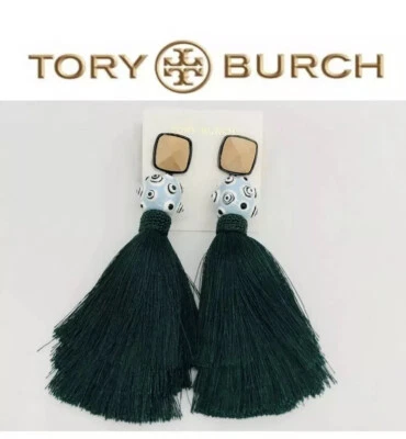 100% Authentic TORY BURCH Wood Ceramic Bead & Green Tassel Clip on Earrings $179 - Image 1 of 4