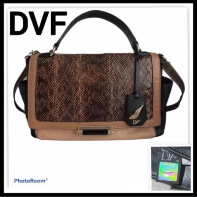 DVF Genuine Leather Snakeskin Print Satchel Bag - Black & Tan (EUC) - Image 1 of 4