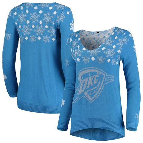 Oklahoma City Thunder Women's Snowflake Ugly V-Neck Sweater-Light Blue Cover