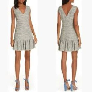 Rebecca Taylor Tweed V Neck Drop Waist Flounce Dress Size 6 Gray Blue Fringe - Picture 1 of 10