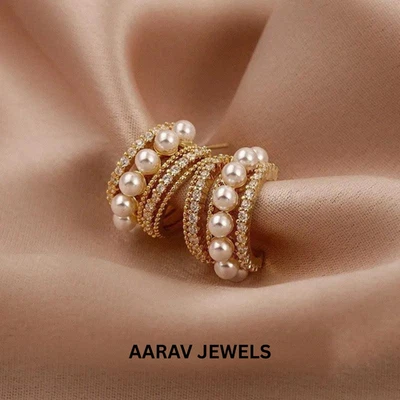 2Ct Round Cut Real White Pearl Royal Hoop Earrings 14k Yellow Gold Plated 925 - Изображение 1 из 4