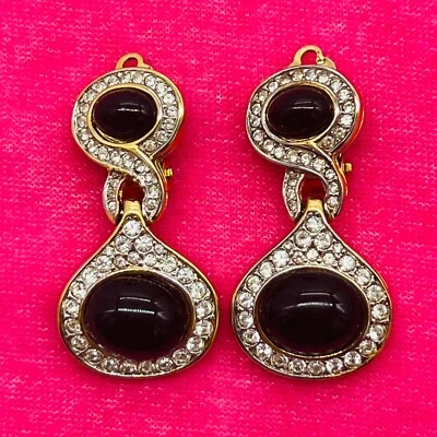 Винтажный D'orlan позолоченный оникс Pave SWAROVSKI кристалл дверной молоток зажим на серьги - Изображение 1 из 4