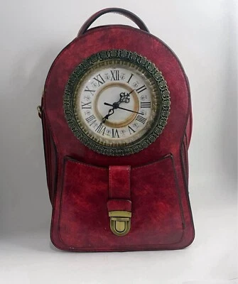 Retro Clock Backpack, Purse, Red Leather Shoulder Bag With Working Clock. - Image 1 of 4