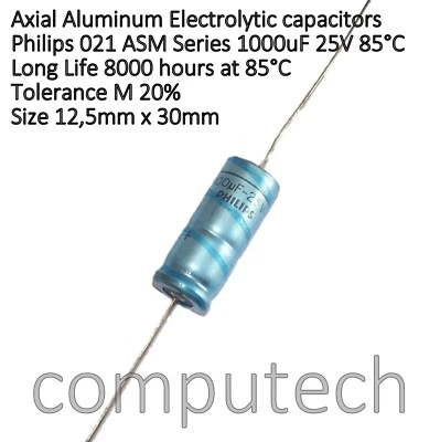 1000uF 25V 85°C Condensatore Elettrolitico Assiale Philips 021 ASM