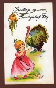 DE 1910 SALUDOS EN EL DÍA DE ACCIÓN DE GRACIAS NIÑA PAVO CON SOMBRERO DE CALABAZA POSTAL - Imagen 1 de 1