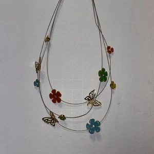 3 Strand Green, Blue & Pink Floating Flowers & Gold Tone Butterflies 16'-19'' - Picture 1 of 5
