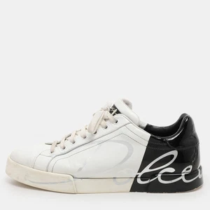Dolce & Gabbana White/Black Leather Portofino Low Top Sneakers Size 43.5 - Picture 1 of 9