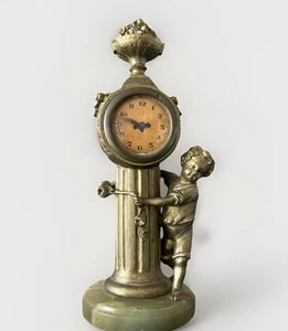Antique Gilded Bronze Mechanical Mantel Clock with Cherub Marble Base Timepiece - Bild 1 von 11