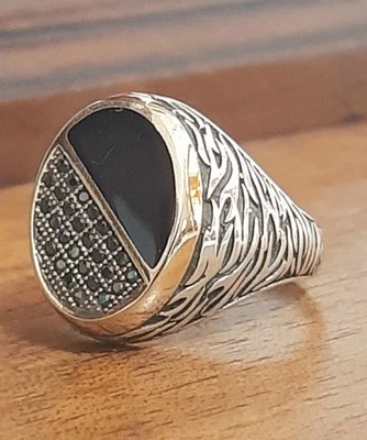 ANELLO UOMO Onice ARGENTO 925 sigillo solitario smalto Ring Man Sterling  Onyx $ - Immagine 1 di 4
