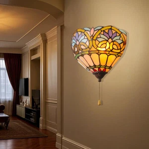 Vivtoran Style Pull Chain Wall Sconce Tiffany Colorful Glass Shade Wall Light - Picture 1 of 7