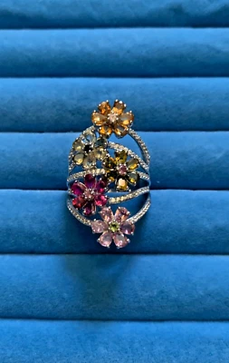 Anillo floral de circón blanco natural de turmalina múltiple en placa sobre esterlina talla 9 Foto 1 de 4