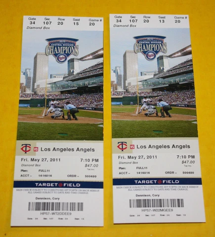 Minnesota Twins Ticket Stub | May 27 2011 | Torii Hunter Hit Cover