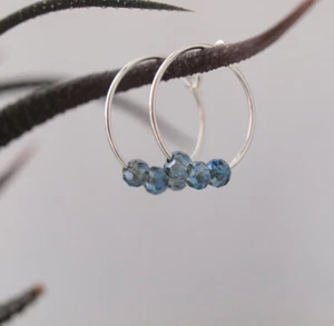 Small Sterling Silver Blue Grey Bead Hoop Earrings - Dainty Dangle Tiny Beaded - Picture 1 of 4