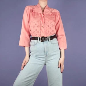 VINTAGE Womens Pink Embroidered 70s Crop Retro Ladies Floral Blouse Top M 12 14 - Picture 1 of 11