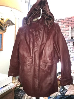 EXCELLED Red BURGUNDY Genuine LEATHER Jacket TRENCH COAT Women's L Hood VENTED - Image 1 of 4
