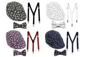 Boys Floral Ivy Cap With Suspenders & Bow Tie Summer Matching Outfit Set 3-Pc - Picture 1 of 31