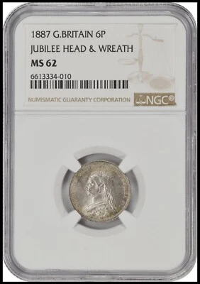 1887 Wreath 6d “SIX-PENCE” NGC MS 62 - Image 1 of 4