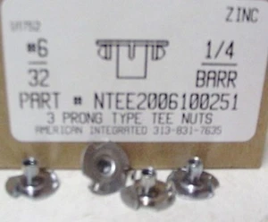 #6-32 T-Nuts 1/4" Barrel 3 Prong Steel Zinc Plated (50) - Picture 1 of 1