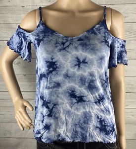 AEO Soft & Sexy T Small Blue White Stormy Tie Dye Cold Shoulder Casual Shirt Top - Picture 1 of 12
