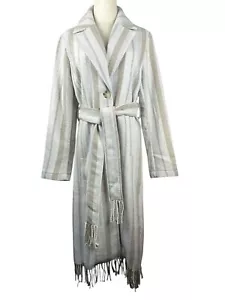 7 For All Mankind Striped Belted Coat I Lightweight Fringe Hem Duster Jacket S M - Picture 1 of 7