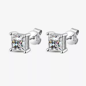 Princess Cut Moissanite Stud Earrings 925 Sterling Silver 18K White Gold Plated - Picture 1 of 19