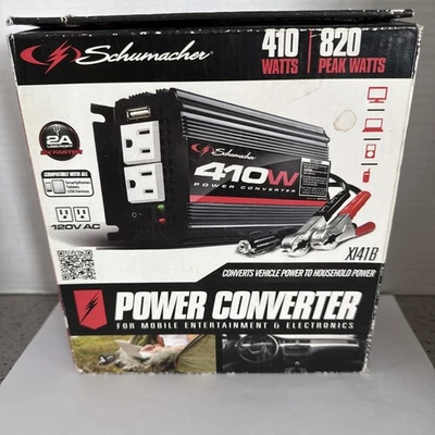 Schumacher 410W Power Converter 2 AC Outlet 1 USB Port 12v Input 120v AC 60hz - Image 1 of 4
