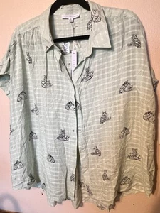 Blusa Jane + Delancey Manga Gorra Talla XL Salvia Con Gatos y Tazas de Té Abotonadas - Imagen 1 de 9