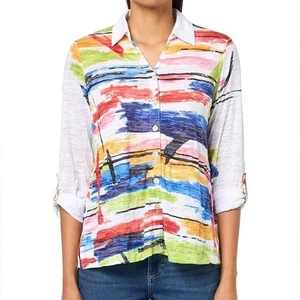 Camisa túnica Ali Miles para mujer tejido arrugado botón delantero talla M ligera nueva con etiquetas - Imagen 1 de 16