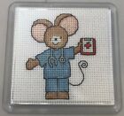 Handmade Cross-stitch Coaster of a Mouse Being a Doctor in Scrubs