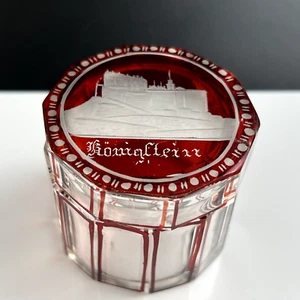 Antico barattolo scatola portaoggetti rubino rosso tagliato per trasparente vetro intaglio KONIGSTEIN - Foto 1 di 12