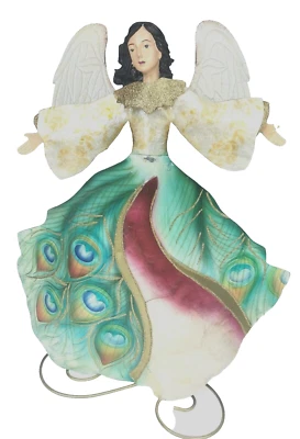 "Estatuilla de ángel de 16,5"" Navidad vacaciones estaño metal pintado pavo real brillo estante D" Foto 1 de 4