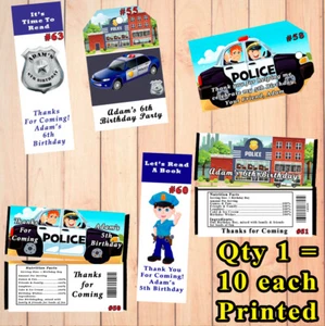 Police Birthday 10 ea Candy Bar Wrap or Favor Tags or Bookmark Personalize - Picture 1 of 6