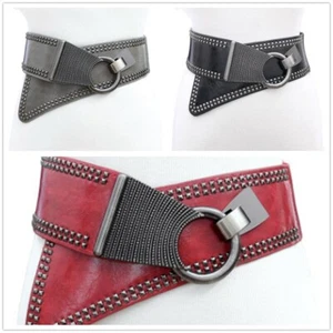 Women Punk Studded Buckle Wide Corset Elastic Leather Waistband Belt - Picture 1 of 8