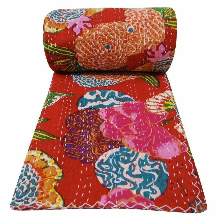 Indian Handmade Floral Print Throw Blanket Bedspread  Cotton Kantha Quilt Throw - Image 1 of 1